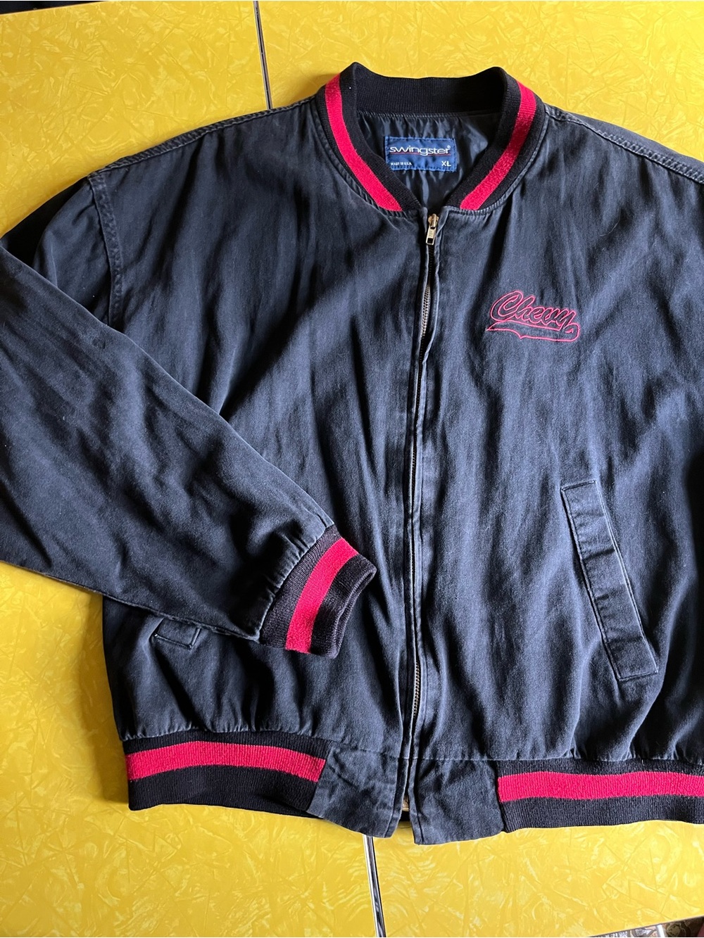Chevy Embroidered Black Bomber Jacket with Red Trim - Swingster